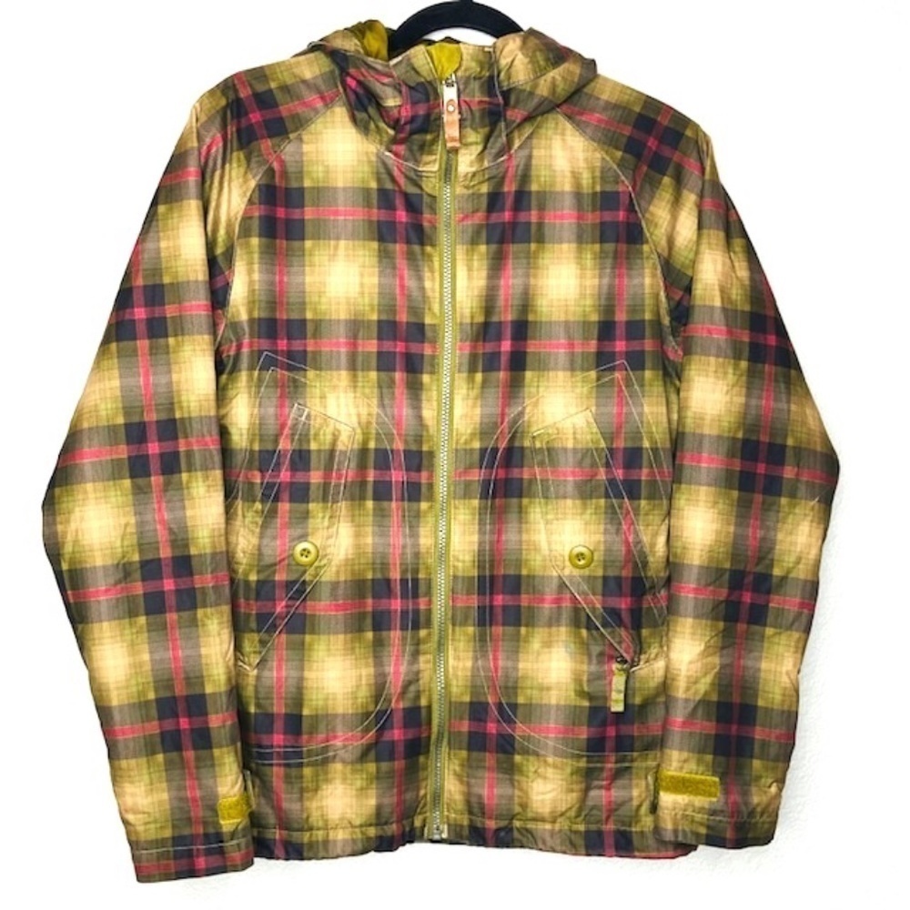 BURTON Dryride Women's Green Pink Plaid Snowboard Ski Hooded Jacket Size Small